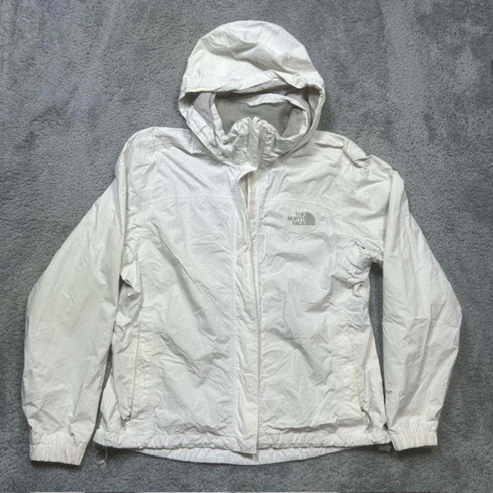 North Face HyVent Jacket Womens Small White Hooded Waterproof Windbreaker SPOTS